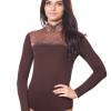 ББ 050 Боди с длинным рукавом и кружевной отделкой коричневый