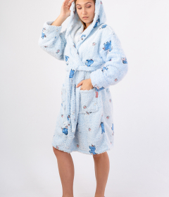 Vienetta Secret VS 032 Махровый женский халат с капюшоном голубой/принт