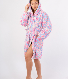 Vienetta Secret VS 032 Махровый женский халат с капюшоном голубой/розовый/цветы