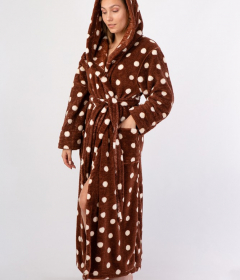 VVienetta Secret VS 032 Махровый женский халат с капюшоном коричневый/горошек