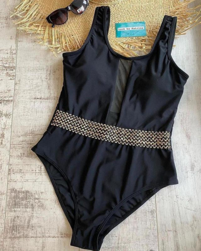 Слитный купальник с прозрачной сеткой посередине