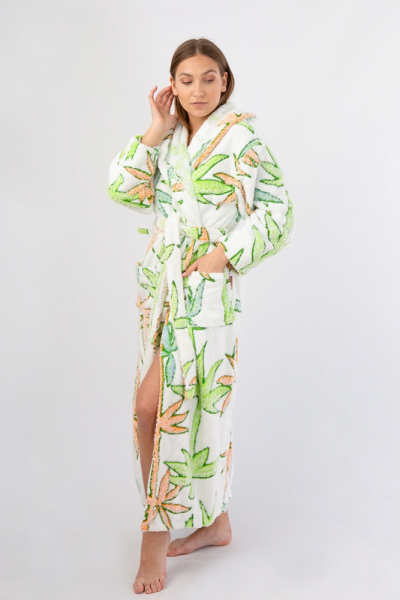 Vienetta Secret VS 033 Женский халат с капюшоном белый/салатовый/принт