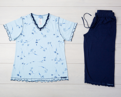 Хлопковая пижама с бриджами Vienetta Secret VS 06 голубой/темно-синий