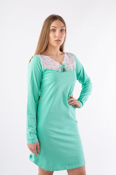 NL 050 Ночная рубашка с длинным рукавом мятный/белый