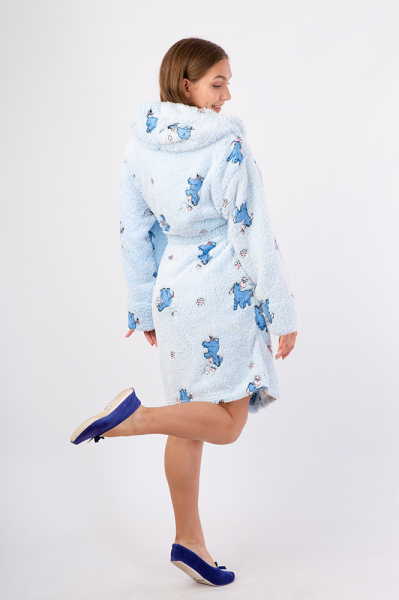 Vienetta Secret VS 032 Махровый женский халат с капюшоном голубой/принт