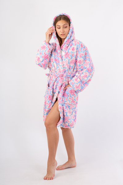 Vienetta Secret VS 032 Махровый женский халат с капюшоном голубой/розовый/цветы