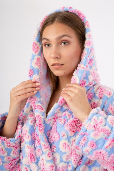 Vienetta Secret VS 032 Махровый женский халат с капюшоном голубой/розовый/цветы