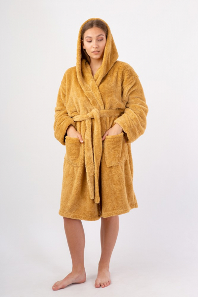 Vienetta Secret VS 032 Махровый женский халат с капюшоном горчичный