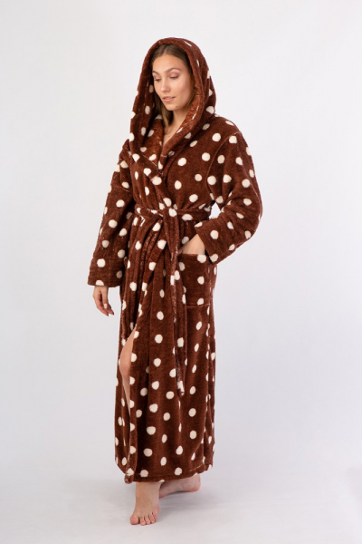 VVienetta Secret VS 032 Махровый женский халат с капюшоном коричневый/горошек