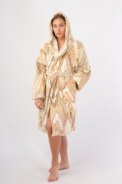 Vienetta Secret VS 032 Махровый женский халат с капюшоном бежевый/принт
