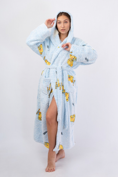 Vienetta Secret VS 032 Махровый женский халат с капюшоном голубой/принт