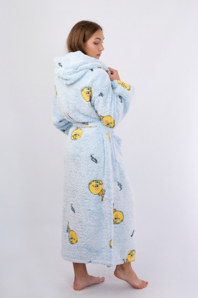 Vienetta Secret VS 032 Махровый женский халат с капюшоном голубой/принт