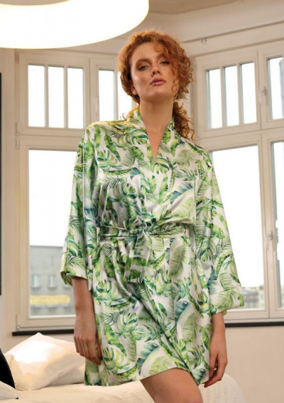 атласный халат тропический принт DKaren Flowers DK-P зеленый
