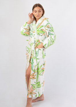 Vienetta Secret VS 033 Женский халат с капюшоном белый/салатовый/принт