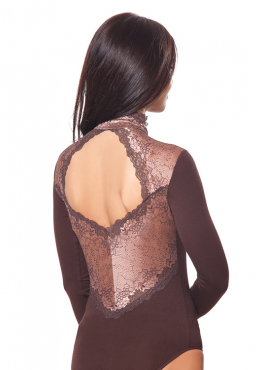 ББ 050 Боди с длинным рукавом и кружевной отделкой коричневый