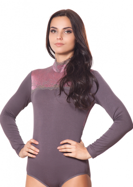 ББ 050 Боди с длинным рукавом и кружевной отделкой серый