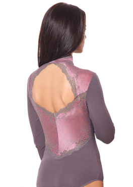 ББ 050 Боди с длинным рукавом и кружевной отделкой серый